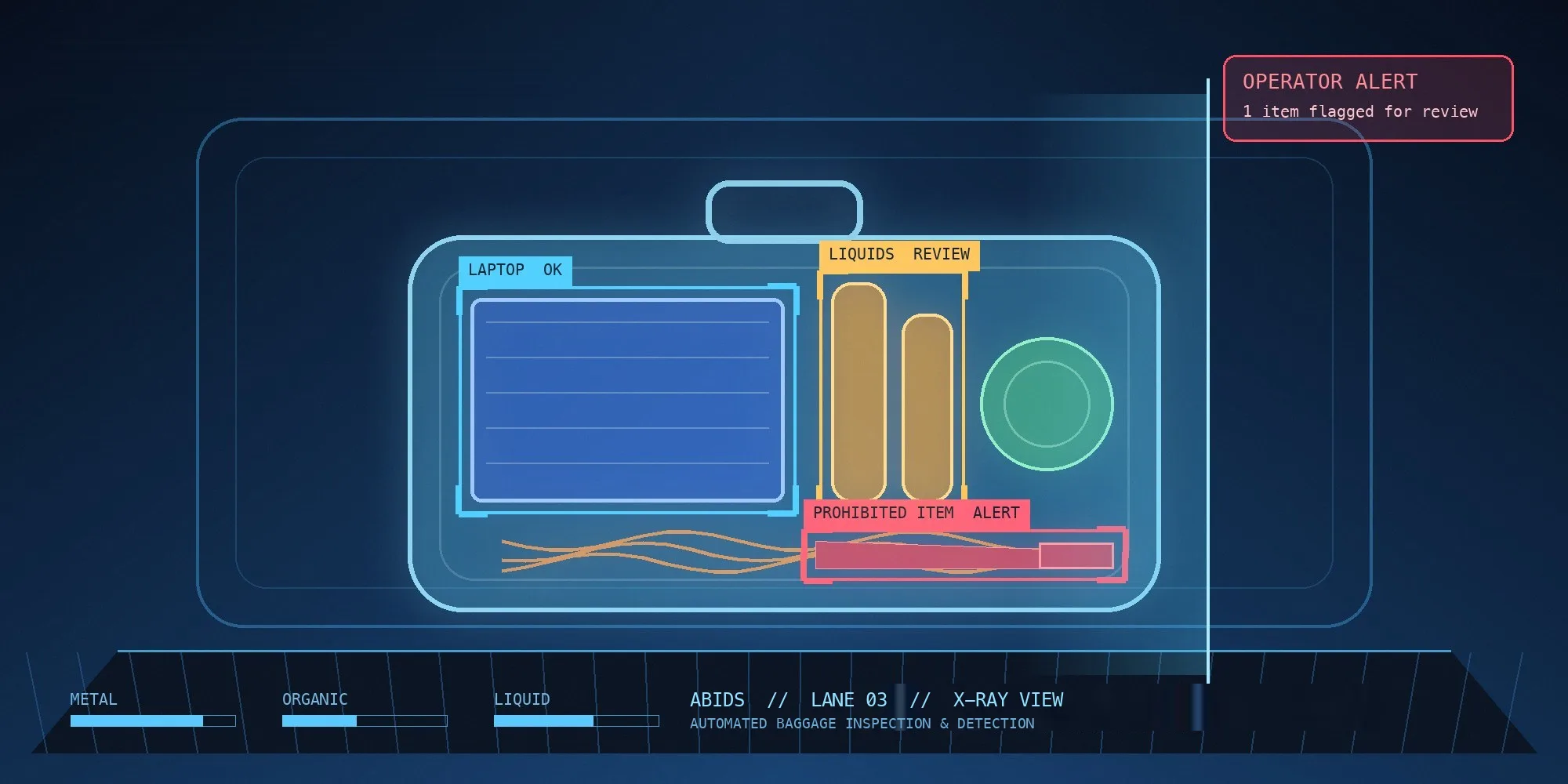 Illustration of an X-ray baggage scan with AI detection boxes flagging a laptop, liquids and a prohibited item for the operator