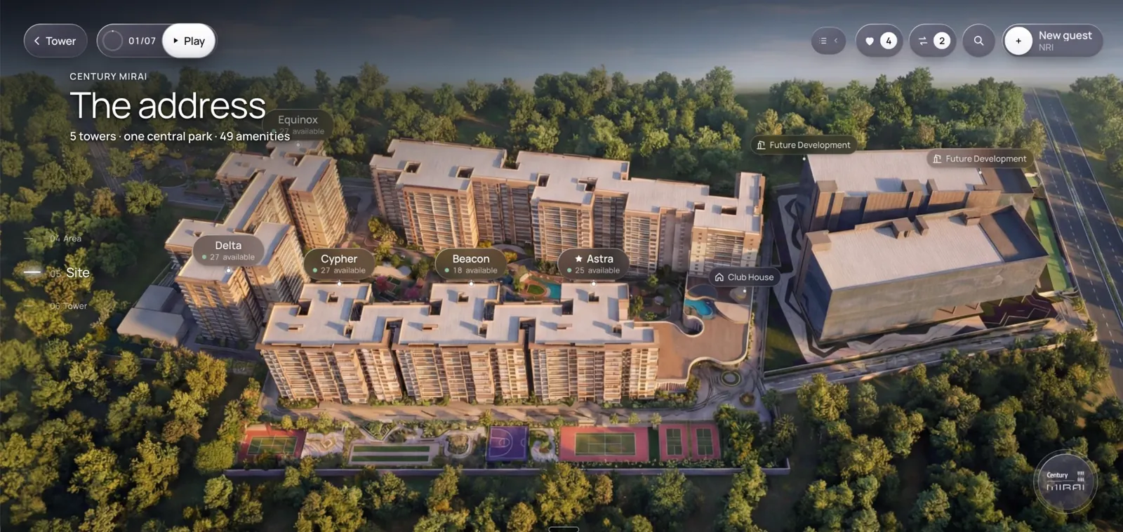 Century Mirai site view on the experience-wall screen, showing towers and live availability